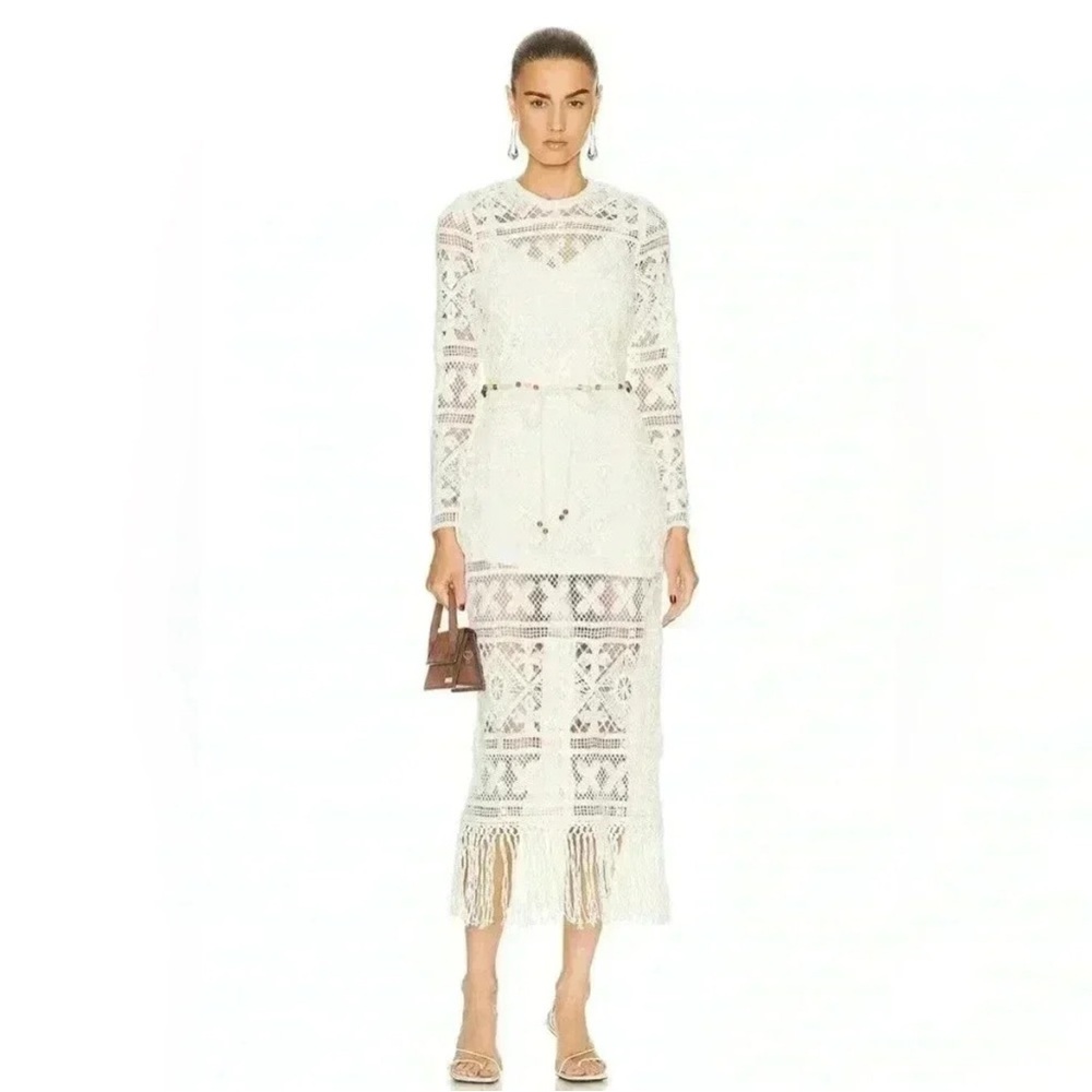 Zimmermann Crochet Lace Midi Dress Fringe Knit Cirra Beaded Tie Belt Long Sleeve